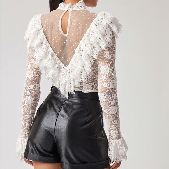SHEIN Dot Mesh Insert Ruffle Trim Lace Top - Picture 2 of 6